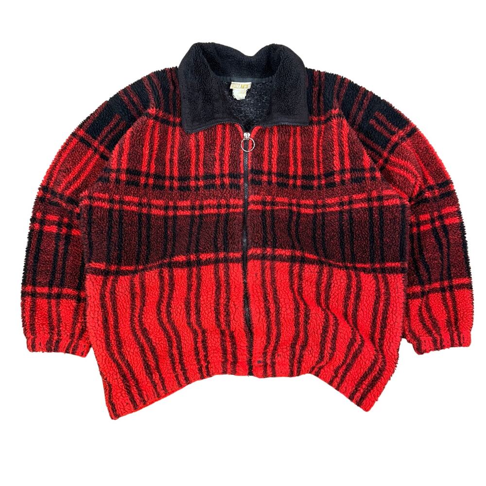 Vintage Red Black Plaid 90s Fleece Jacket Zip Up Snowflake Back Women’s Large